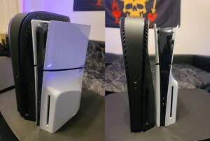 PS5 Slim comparison photos, requires online activation for disc drive